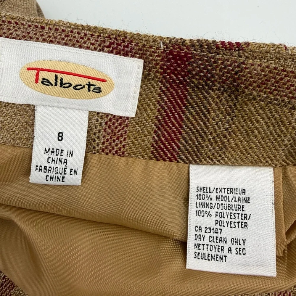 Talbots Wrap Skirt Womens 8 Tan Burgundy Tartan Plaid Wool Fringed Long VTG READ